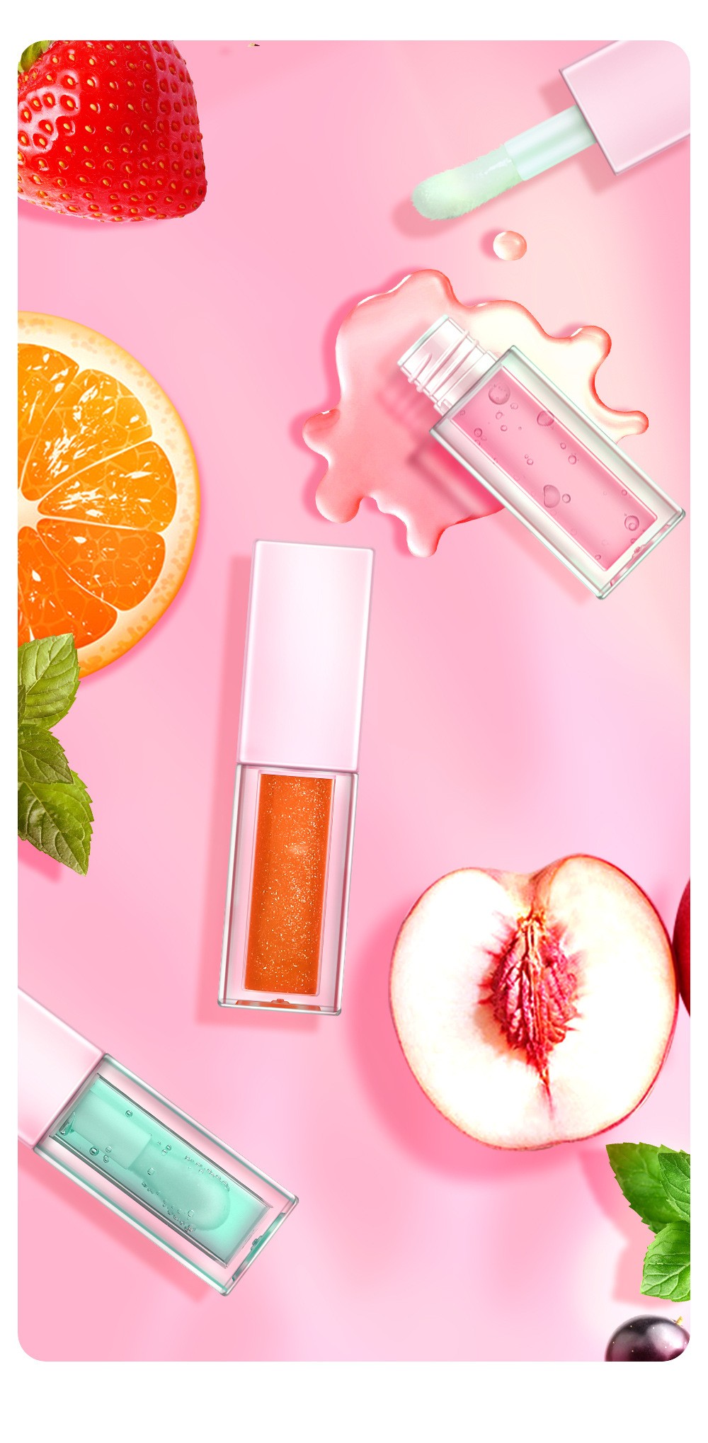 Hot Selling 23 Colors Square Tubes Private Label Fruit Lip Oil Vegan Moisturizing Pink Lid Transparent Lip Plumper Oil