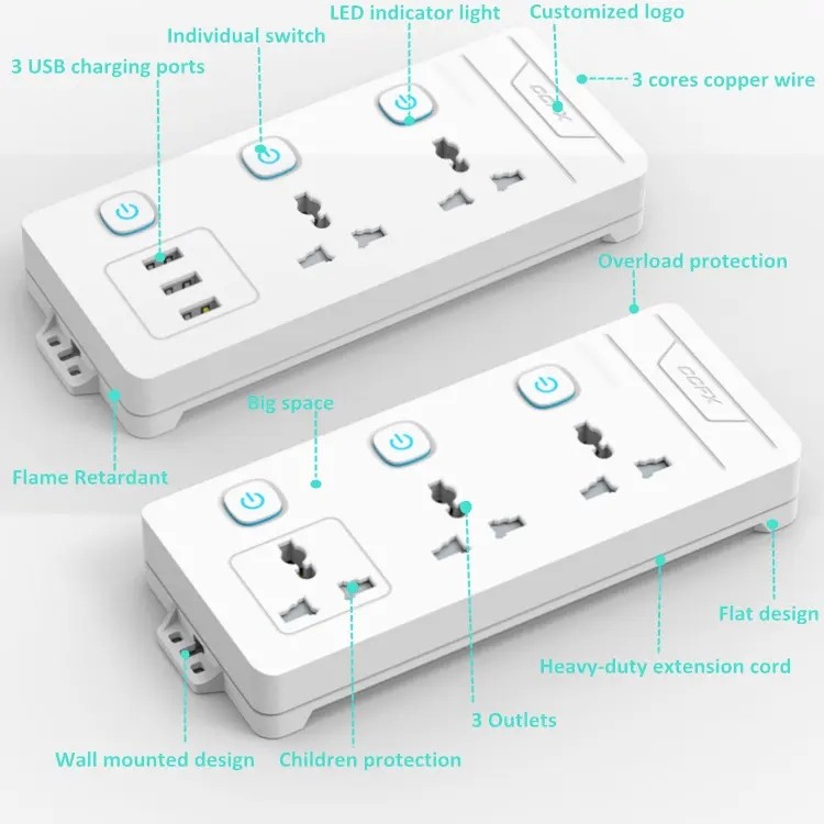 Hot selling Power Socket extension cord power strip with 3 USB Power extension strip in 2M cable