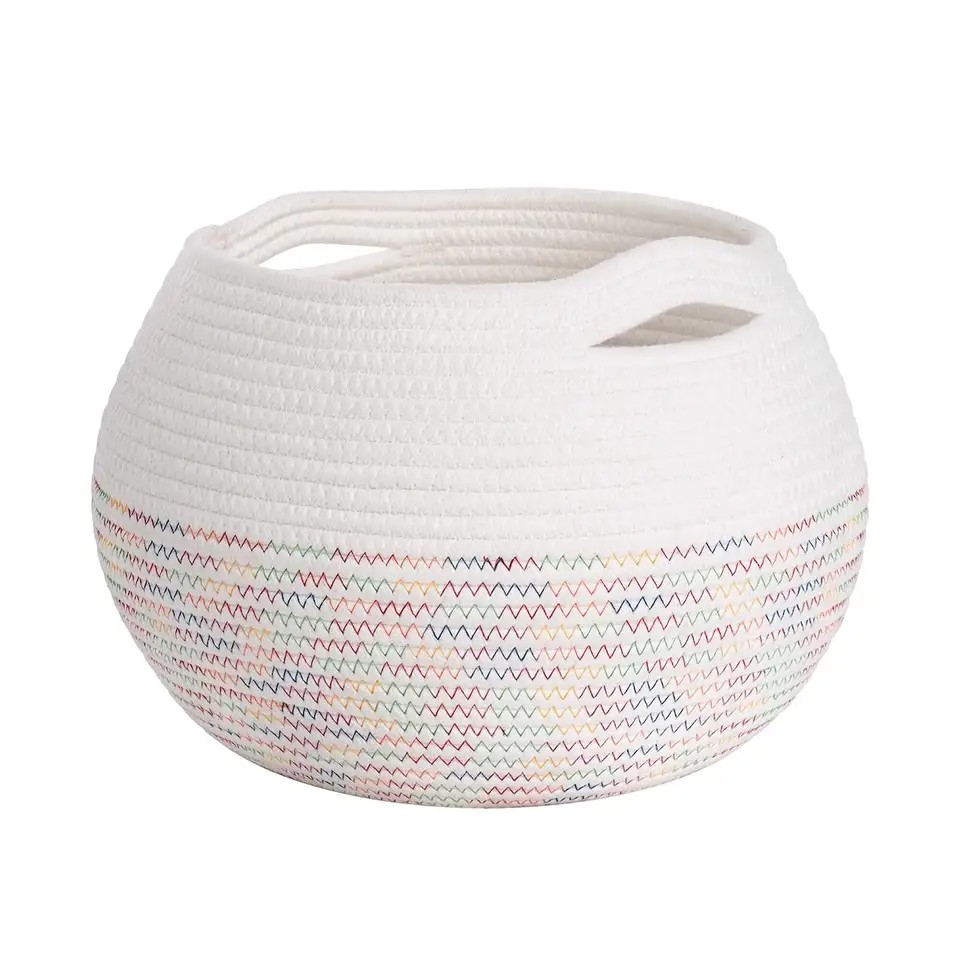 QJMAX Small Colorful Cotton Rope Basket With Handle Woven Basket For Organizing