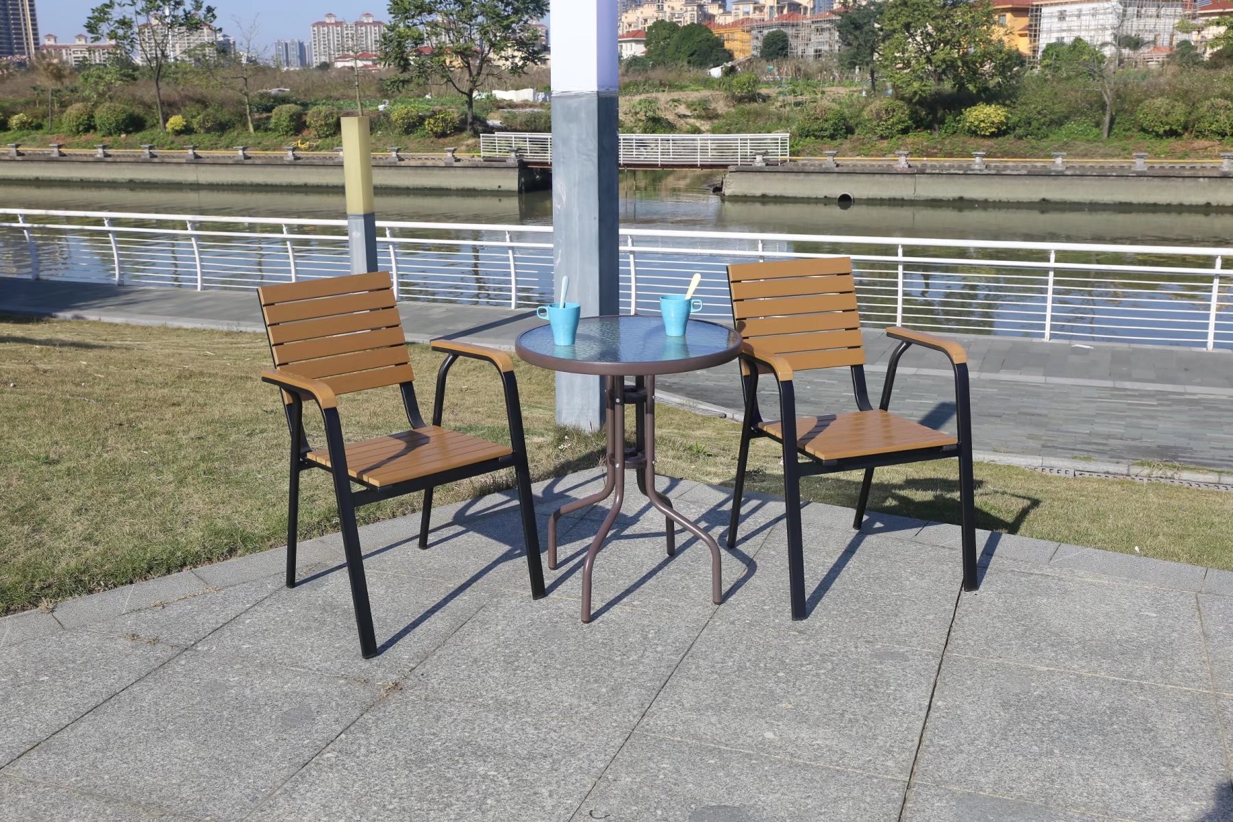 The Nordic outdoor household contracted plastic wood furniture combination outdoor balcony garden courtyard of glass table