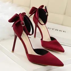 Korean version of sweet beauty shoes stilettos shallow mouth pointed toe hollow back bow high-heeled sandals