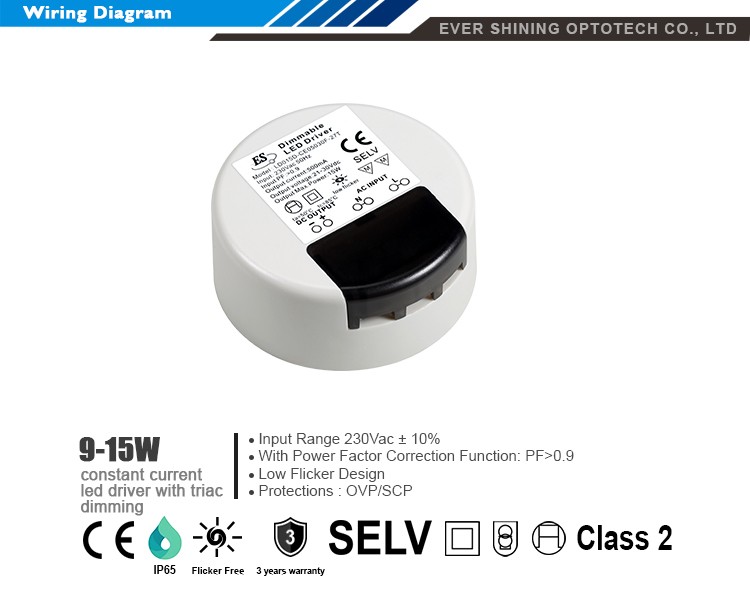 9W Round 230vac 15-24V dc 375mA 350mA 9 watt Constant Current Leading edge Triac Dimming flicker free led driver