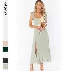 Women's Elegant Midi Dresses for Wedding Ladies Square Neck Ruffle Split Formal Bridesmaid Dresses for Cocktail Evening Party
