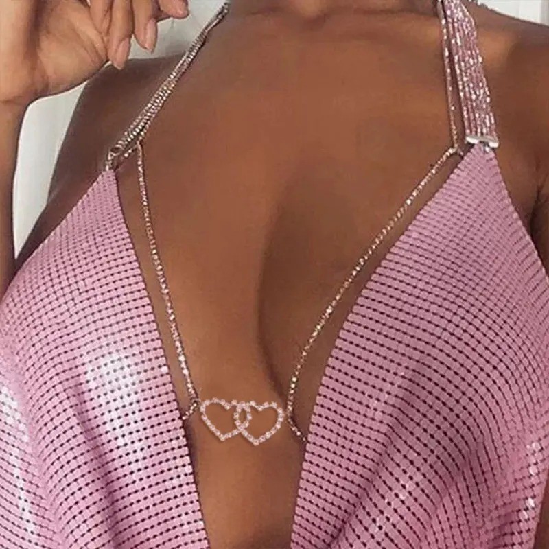 European and American style bikini sexy chest chain simple diamond love heart body chain accessories for women