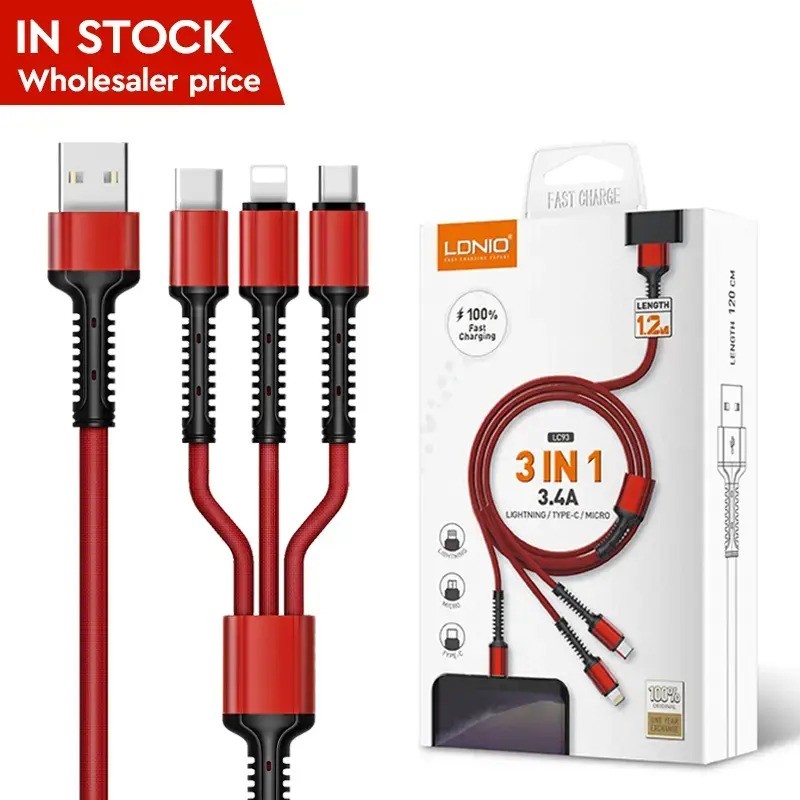 LDNIO Universal 3 In 1 Wire Charging Cable Nylon USB to Lightning Micro Type-C Multi Fast Phone Charger 3A Data Cable for Iphone