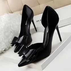 Pure Color Pointed-toe Sweet Bowknot Slip-on Pump Fashion Thigh High Heels Shoes for Women 2023