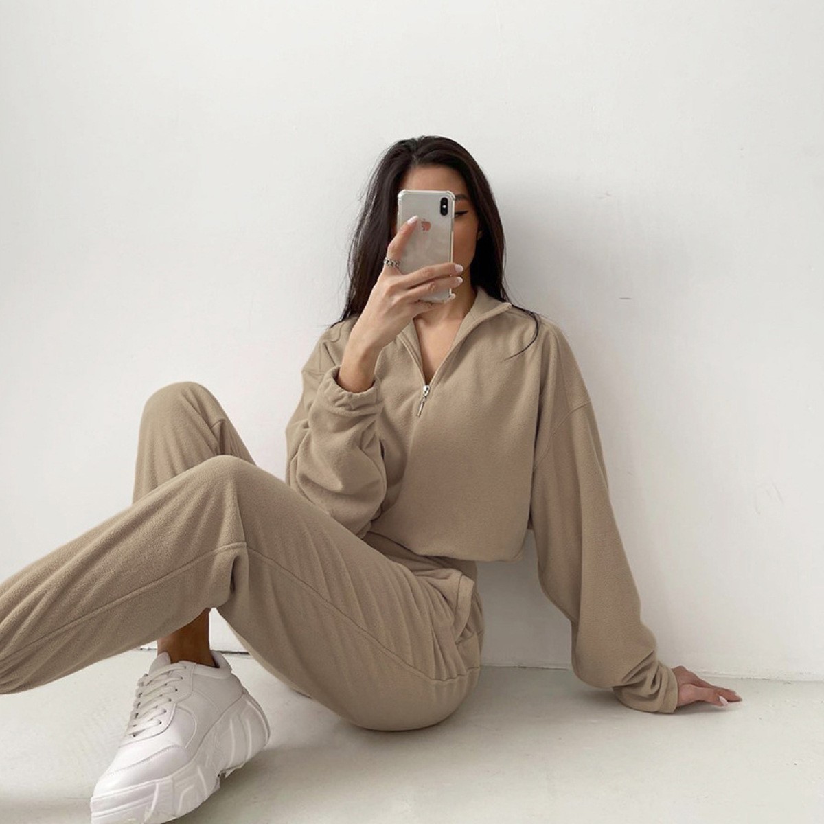 Half zipper Fall Clothing Casual Women Two Piece Outfits Sweat Suit Jogger Tracksuit Set