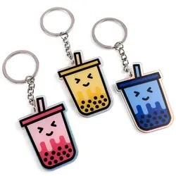 High quality custom kawai glitter epoxy boba acrylic keychain drink epoxy double side glow china