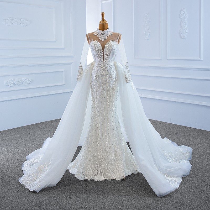 New Arrival High Neck Long Sleeve Sexy Mermaid Wedding Dresses With Detachable Train