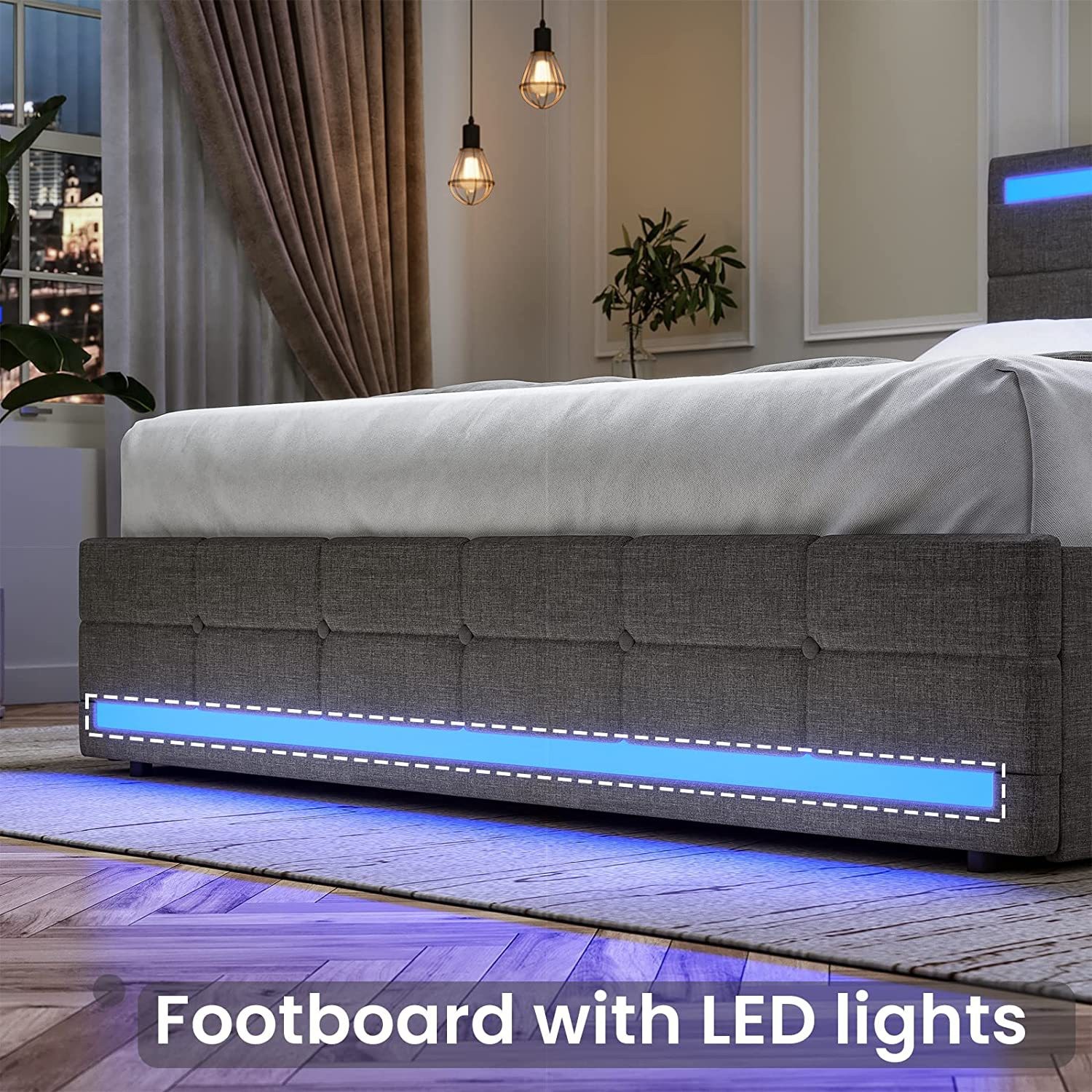 Kainice Wholesale Home Furniture Linen Fabric Queen Size Storage LED Light Smart USB charge Bed Frame With Drawers