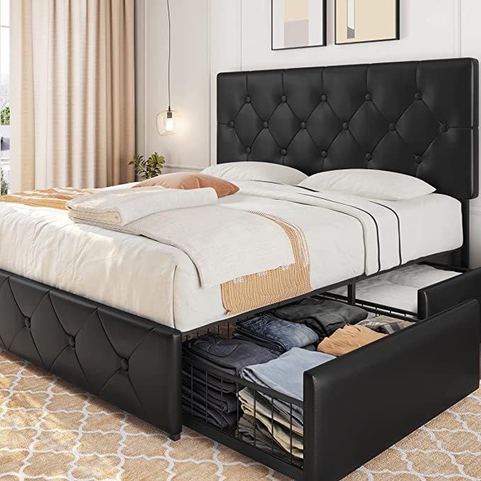 Kainice bedroom furniture drawer storage king size italian leather beds luxury modern upholstered bed frame for home
