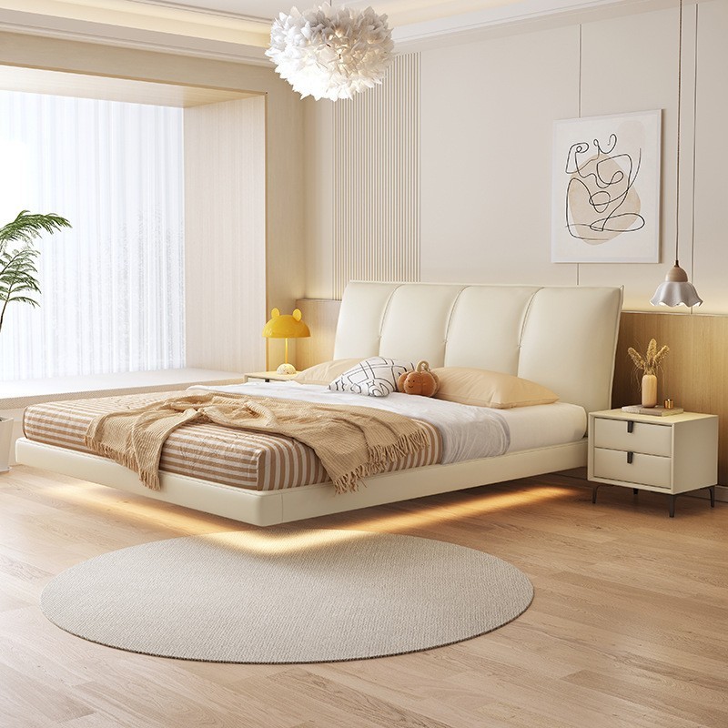 Kainice pu leather soft headboard hanging marriage queen floating bed led induction light with double upholstered bed frame