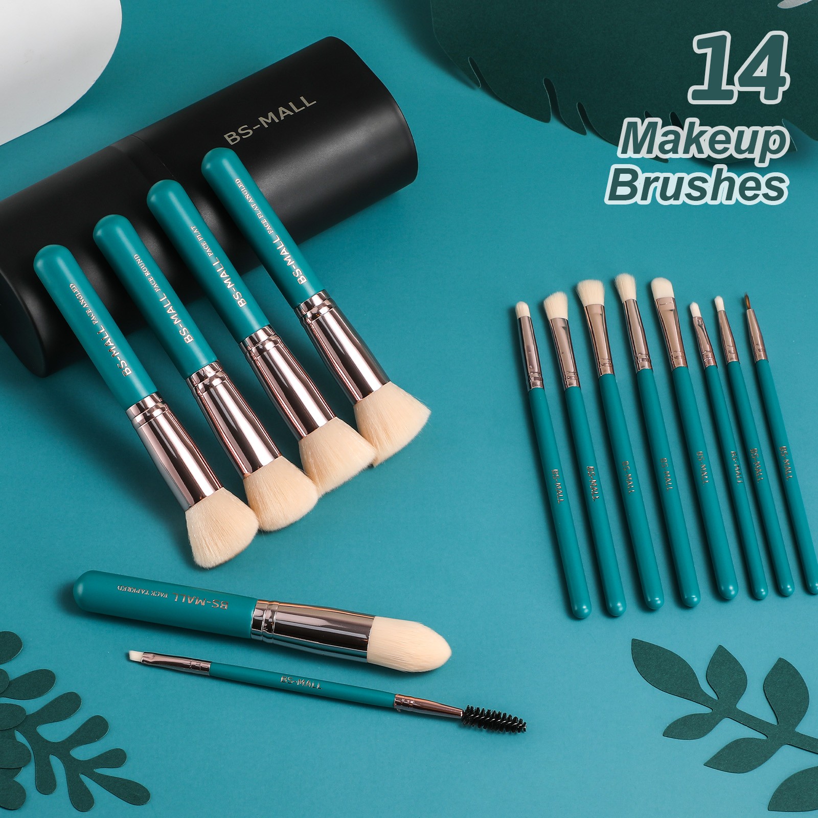BS-MALL Fashionable Green 14PCS Make up Brushes High Quality Professional Synthetic Makeup Brush Set Custom Logo
