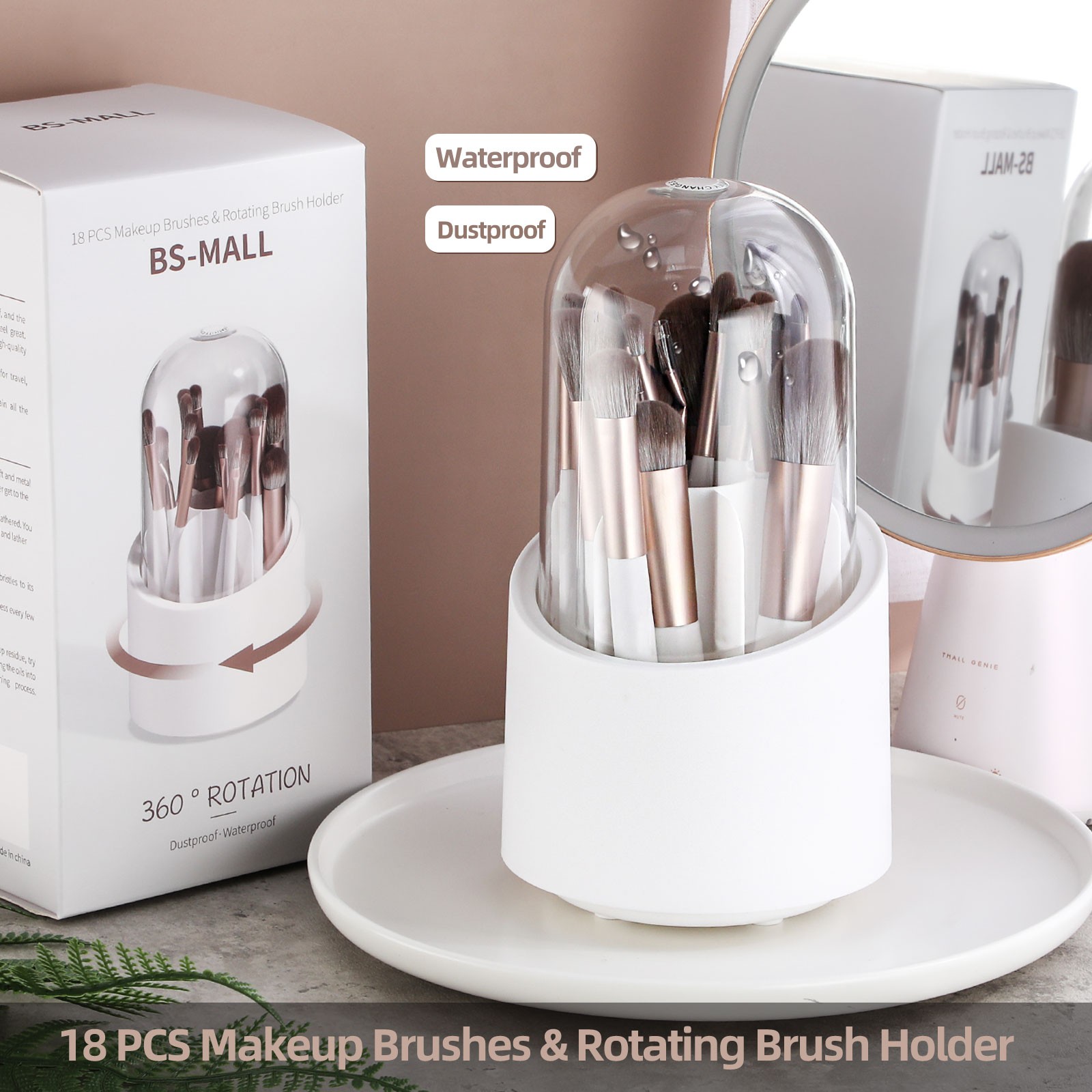 BS-MALL Luxury 18PCS White Make up Brushes Kits Custom LOGO Cosmetic Makeup Brushes with Rotatable Makeup Brushes Holder