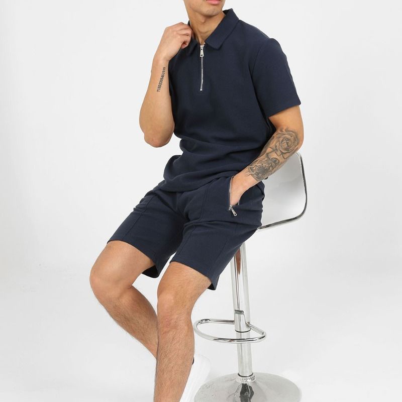 Custom logo shorts and polo shirt with 1/4 quarter zip tracksuit set chenille embroidery tracksuits short sets for men
