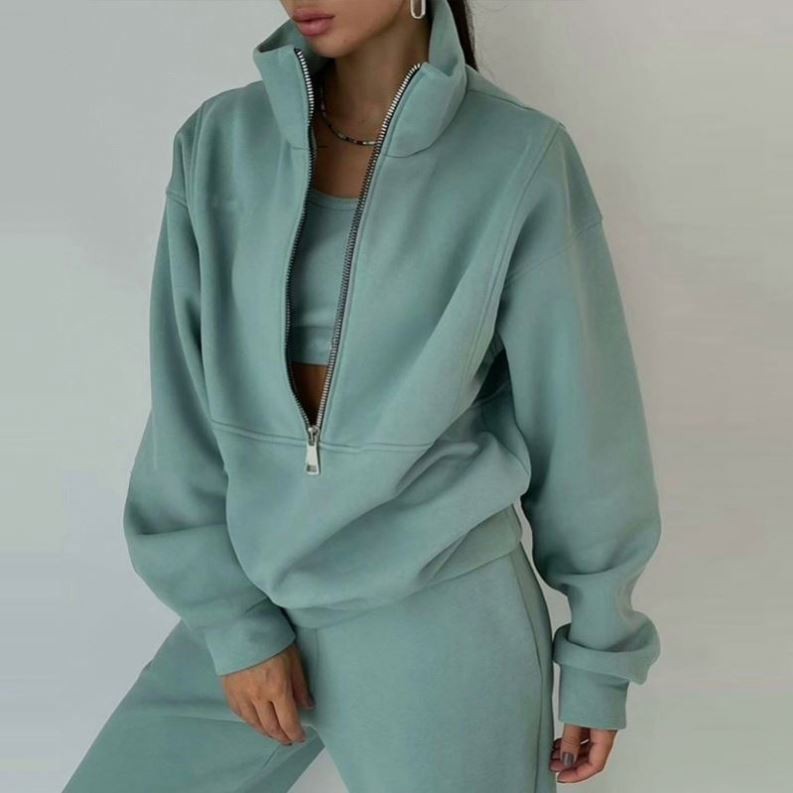 Custom Half Full-zip Fleece Hoodie& Pants Women Sweat Suits Set Hoodies Oversized Set