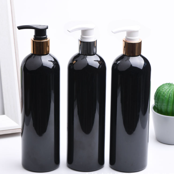 Luxury logo print black 400ml PET plastic round shoulder cosmetic skincare toner serum Facial Cleanser Mask lotion cream bottle