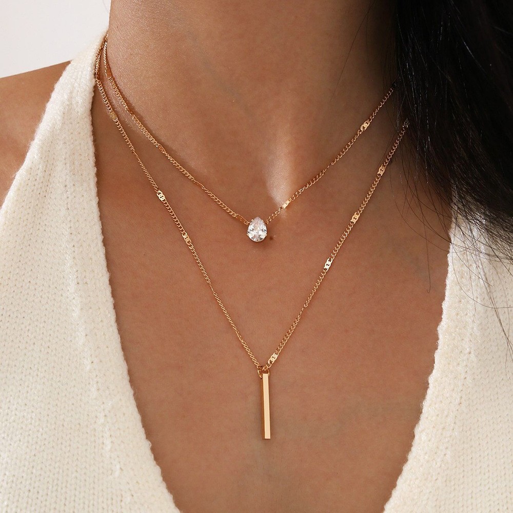 Individualized Fashion Double Layered Water Drop Shaped Small Diamond Long Tassel Pendant Necklace