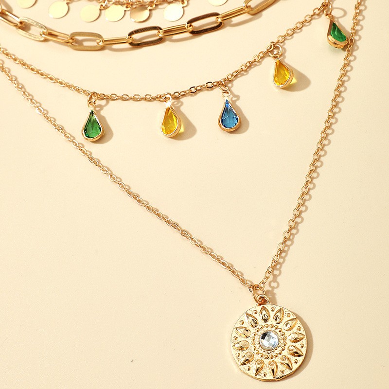 New Geometric Disc Tassel Alloy Diamond Four Layer Necklace Women Jewel Accessories