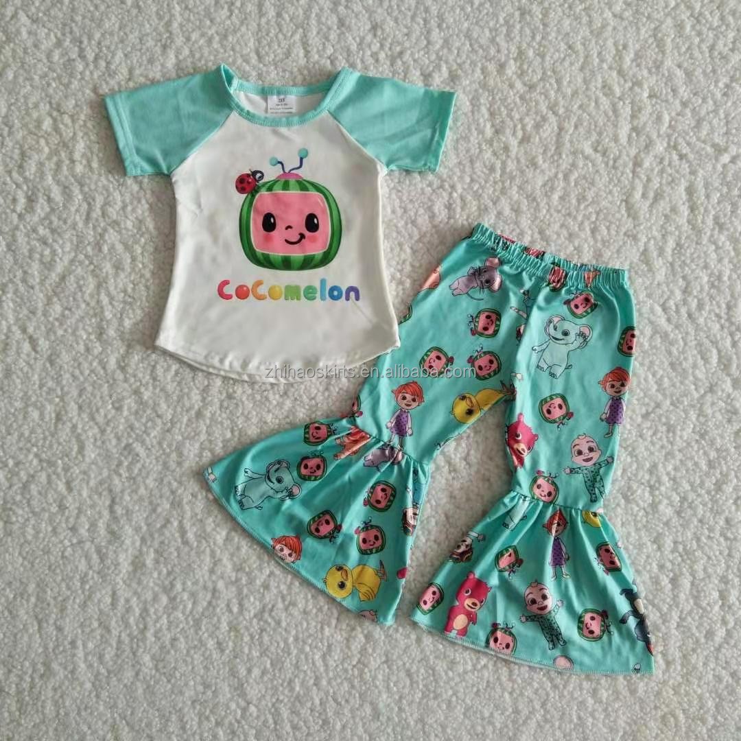 2021 Infant Clothing RTS No MOQ Baby Girls' Clothing Sets Toddler Girls Outfit High Quality 2PCS Sets T-shirt+Bell Bottom Pants