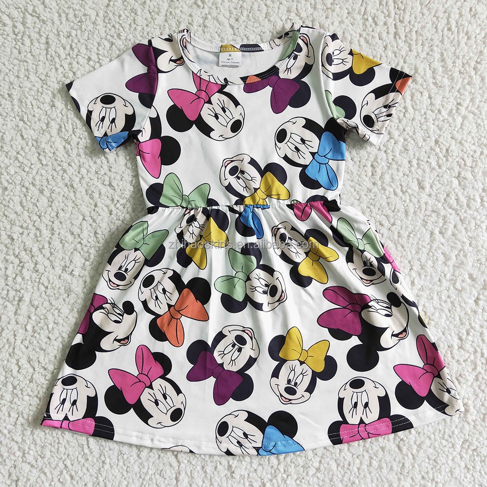 RTS Wholesale Baby Girls Short Sleeve Knee Length Fashion Summer Kids Children Boutique Cartoon White One Piece Dresses