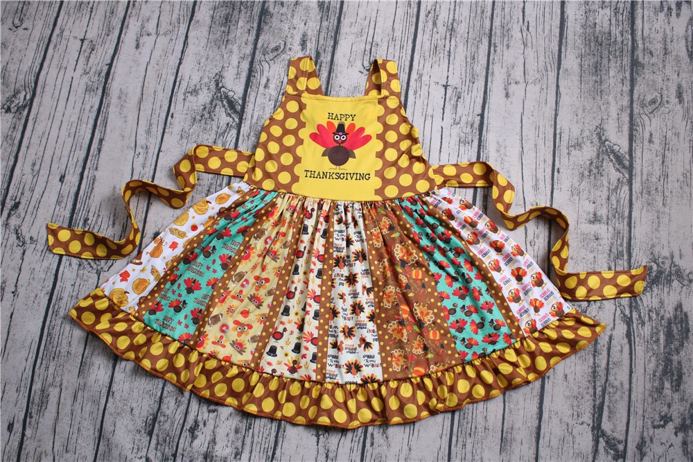 2019 Thanksgiving girls dress chicken and food cartoon pattern dots brown and golden kids clothes