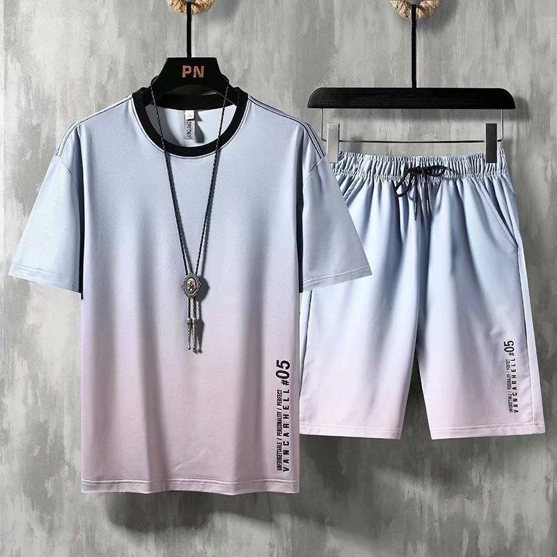 Ice silk gradient suit men's short sleeve T-shirt Sports casual summer Korean trend a handsome set of clothes for men
