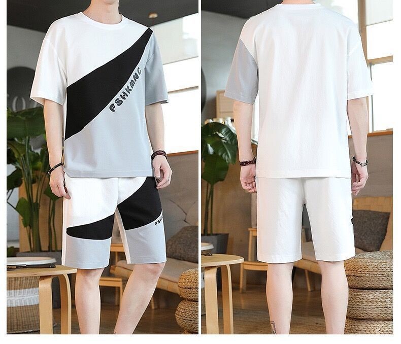 Summer thin style shorts men's ice silk short sleeve T-shirt a trendy handsome casual sports summer two-piece suit