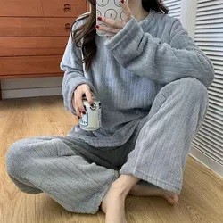 Women Pajamas 2pcs Sets Fleece Long Sleeve Tops+pants Outfits Casual Sleepwear Warm Winter Women Clothes