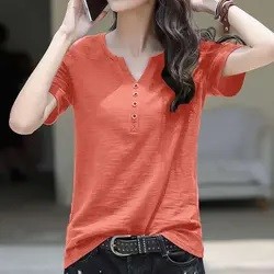 Women T-Shirts Cotton Women's Clothing Plus Size Women's T-shirts Casual V-Neck Short Sleeve Top Tee Shirt