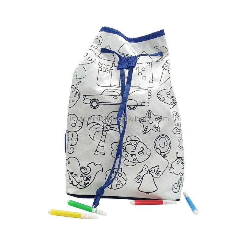 Hot Selling High Quality Satin Backpack Bag Sketch Pattern Knapsack Blue And White Packsack Drawstring Backpack Pouch