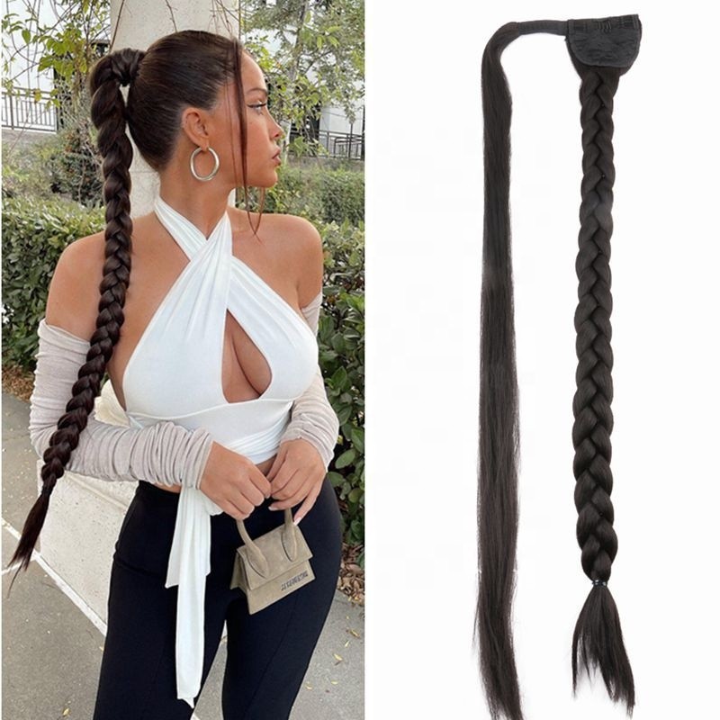 30 Inch 140G Natural Long Synthetic Hair Ponytail Beanie Clip In Wrap Around Braid Ponytail Hair Extension For Black Women