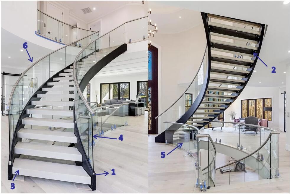 Modern economic indoor steel stairs curved staircase with glass railing