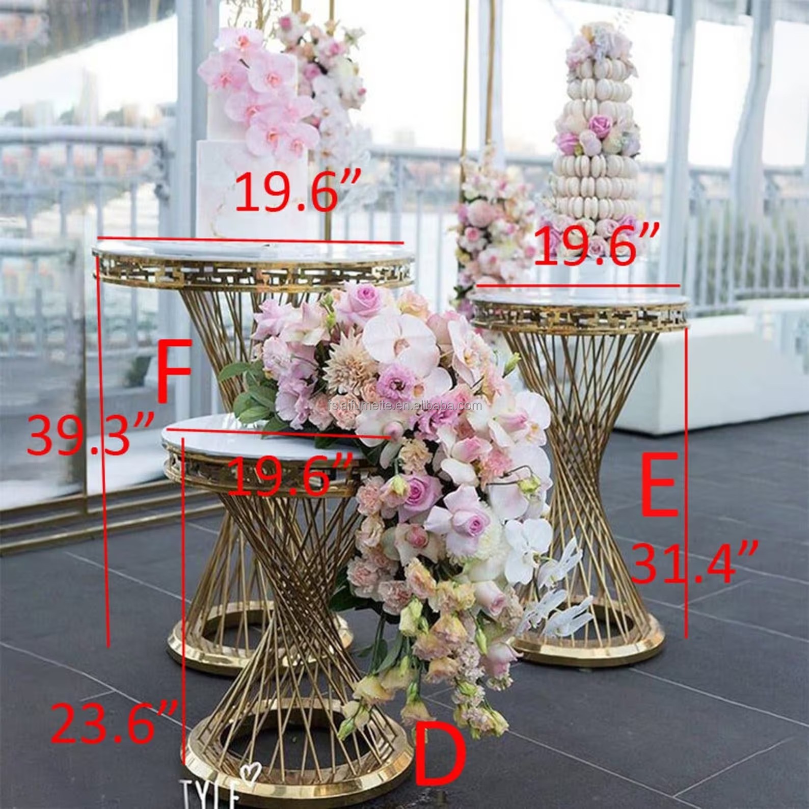 Luxury Gorgeous gold round wedding cake table stand set stainless steel wedding cake display table for banquet events party