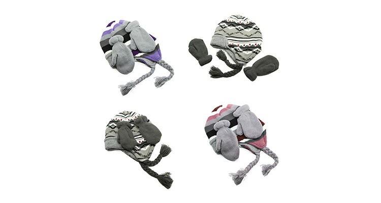 Kids winter hat and gloves set acrylic knit ear flaps beanie hats fleece lined boys girls winter warm thick caps custom design