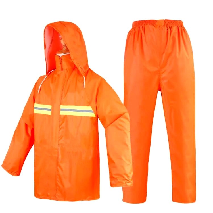 Orange waterproof rain jackets and trousers oxford or taffeta material polyester PVC
