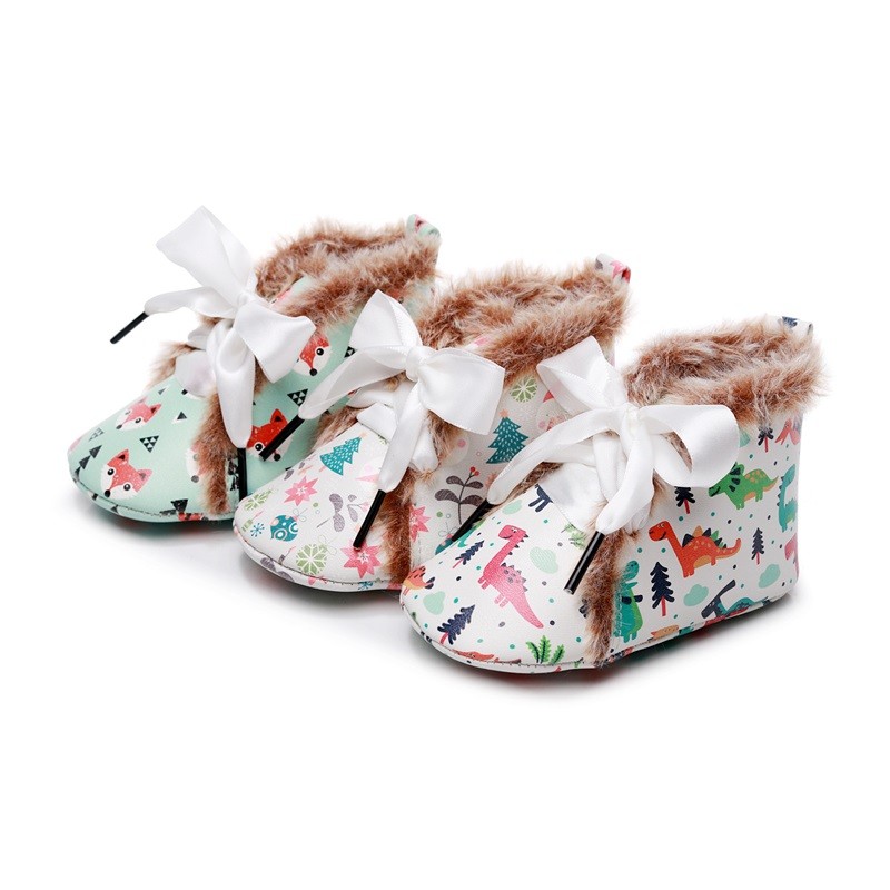 Winter Christmas Warm Frenulum Leopard Print Cartoon Soft Sole Pu Leather Poms Prewalker Baby Newborn Toddler Shoes