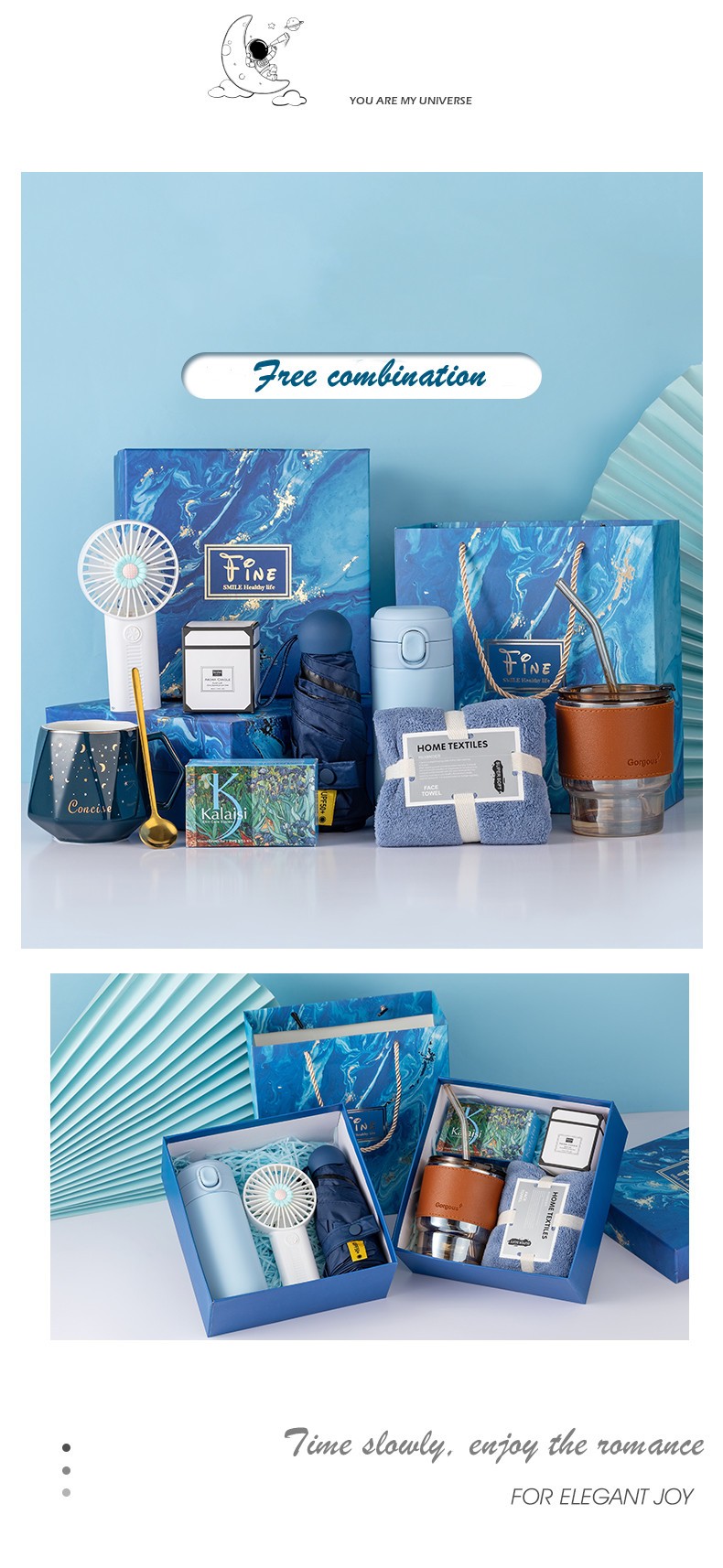 Free Combination Wedding Return Birthday Gift UV50+ Mini Umbrella Rechargeable Fan Towel Soap Candle Vacuum Flask Ceramic Bottle