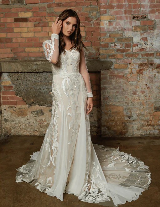 new illusion long sleeve lace fabric design for african wedding dress bridal gown tulle ivory nude lining option