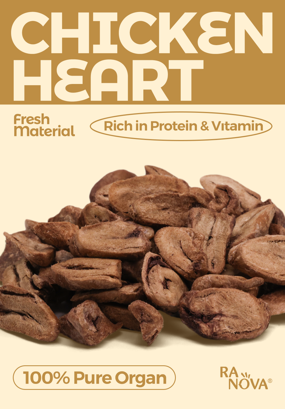 Ranova premium 100% pure freeze dried chicken heart cat Dog pet treat OEM private label pet food supplier