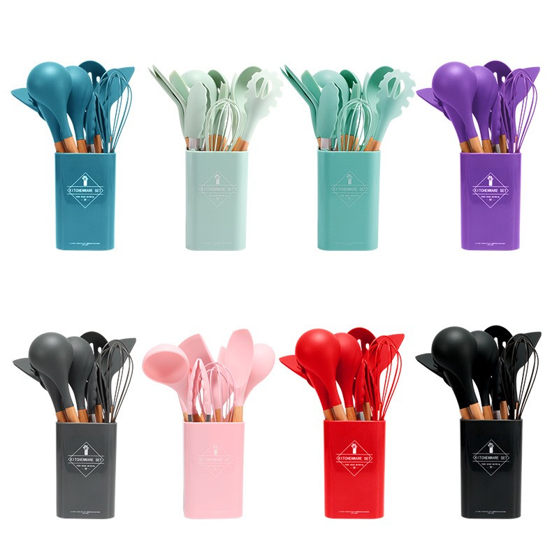 Custom 12 Pcs set silicone kitchenware accessories cooking tools set spatula stirring kitchen utensils Wooden Handle