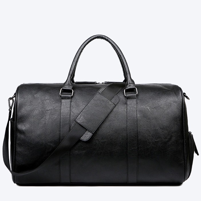 Man Black Gym Overnight Bag Travel Sports Waterproof PU Duffel Weekend Bag With Shoes Compartment