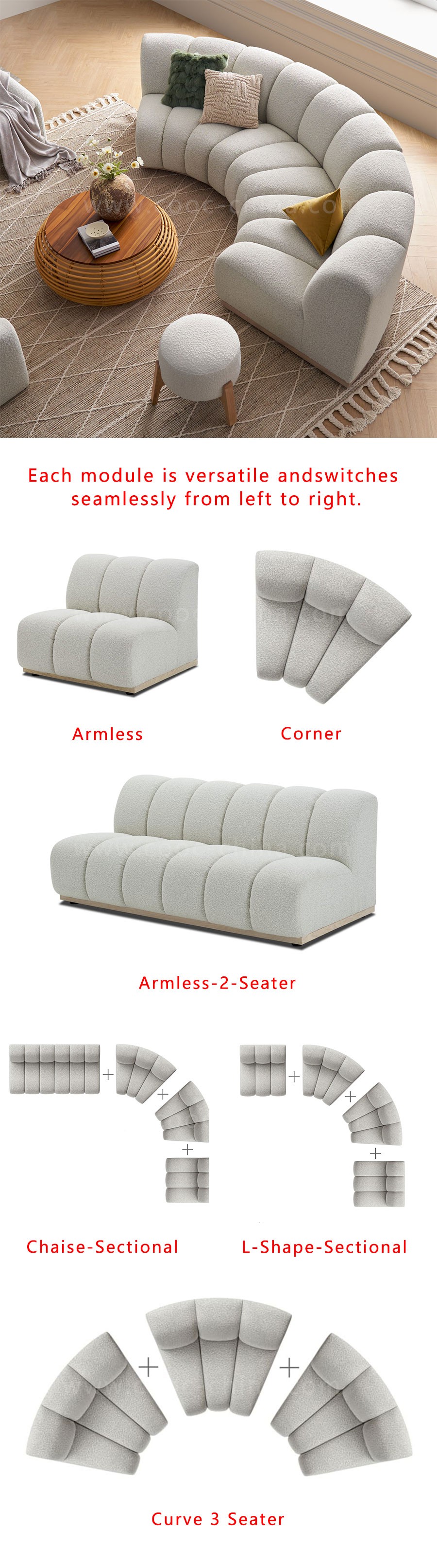 Contemporary Channel Modular Sofa Set Furniture Modern Living Room Sectional White 3 Seater Boucle Curved Sofa