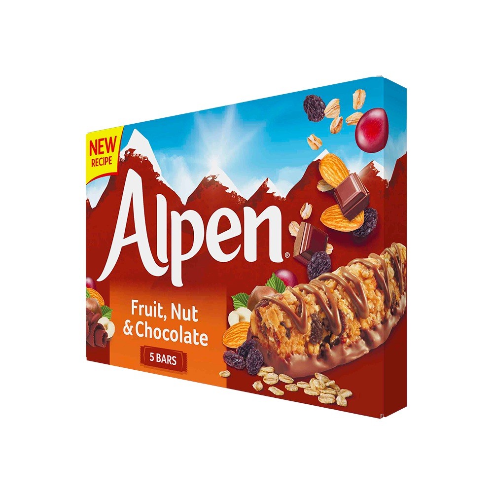 Wholegrains Vegetarians Crunchy Snack Alpen Fruit Nut and Chocolate Bar with Cereals (40%) And Milk Chocolate (22%)