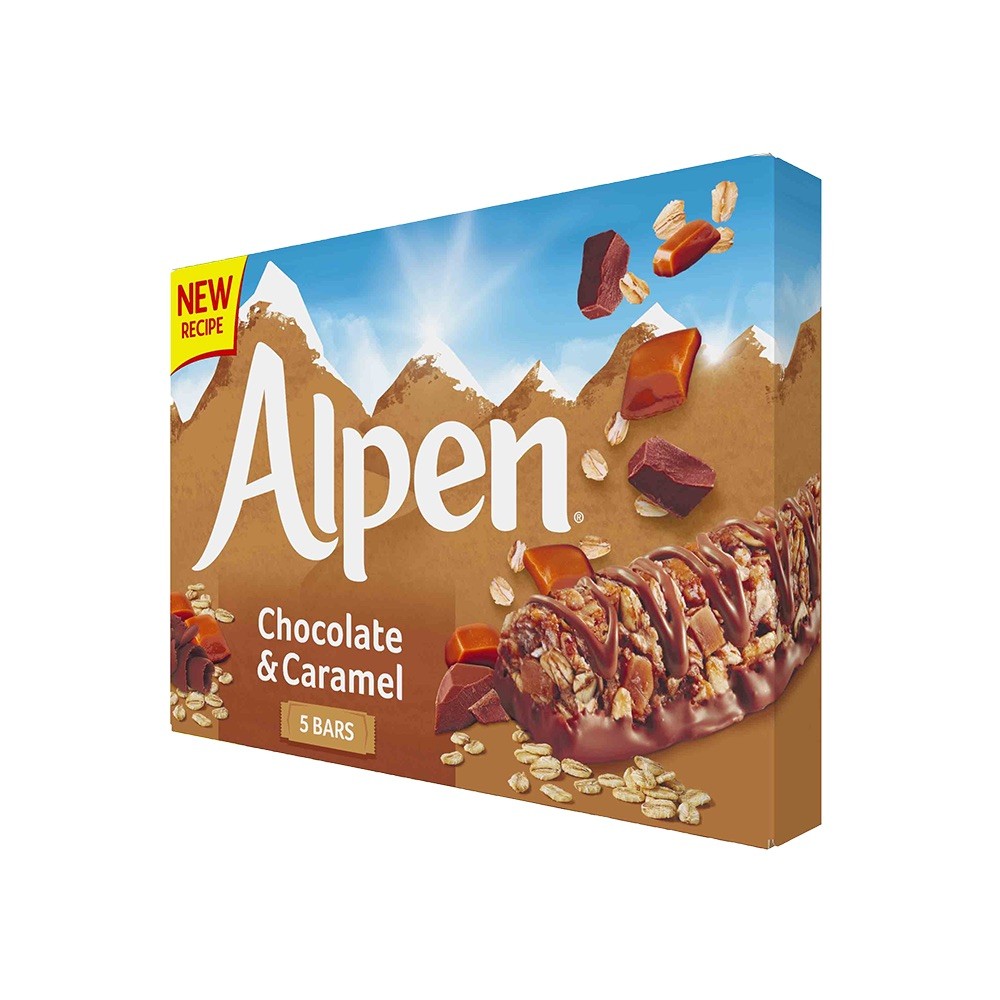 Wholegrains Milk Chocolate Rolled Oats Crunchy Wheatflakes Vegetarians Snacks Alpen Chocolate and Caramel Bar