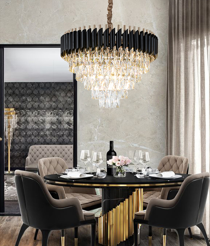 Nordic Modern Light Luxury Black Gold Round Home Office Hotel Living Room K9 Crystal Chandelier