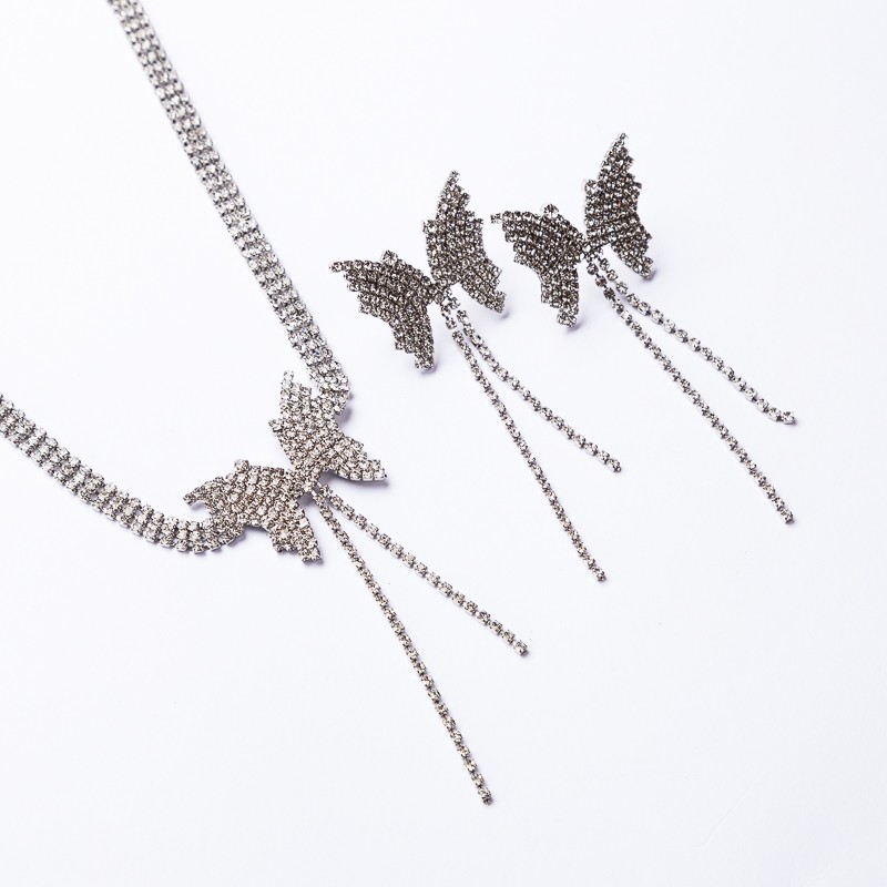 Hot Selling Rhinestone Butterfly Pendant Necklace Bling Rhinestone Stud Earrings Set Wedding Bridal Jewelry Set for Women
