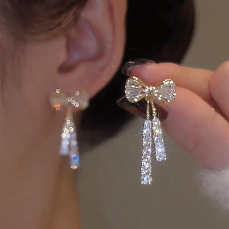 Crystal Drop Bowknot Earrings Bling Bling Cubic Zirconia Temperament Women Bow Earrings Diamond Dangle Earring