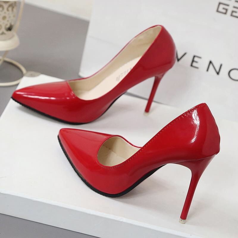 High Heels 2021 Autumn Shallow Mouth Patent Leather Women's Shoes Pointed Toe Nude Single Shoes Women Stiletto Professional Work