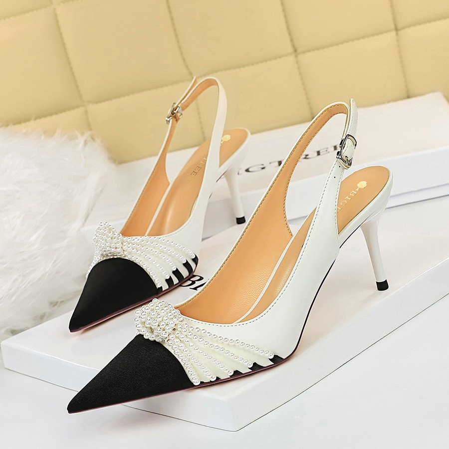 Wholesale H0031 new fashion Elegant Pearl Design Women Ladies Stiletto Heels Shoes Pointed Toe Slingback Pumps Sandals for woman